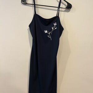 Navy Slip Dress with Floral Embroidery